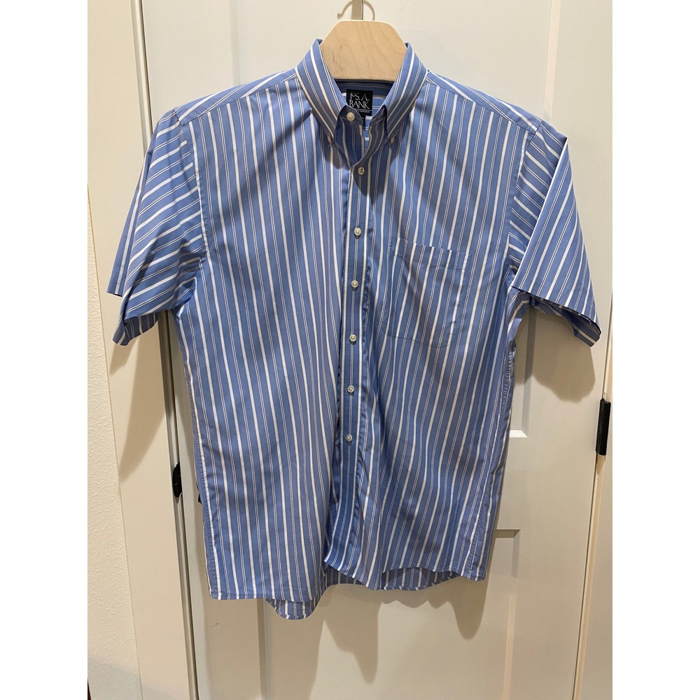 Jos A Bank Travelers Collection Mens Large Blue White Striped Short Sleeve Shirt